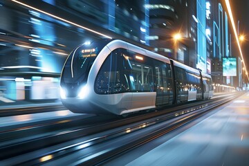 Fototapeta premium An ultramodern train speeds through a luminous cityscape, depicting the evolution of ecofriendly public transit