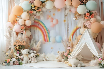 Teddy Bear and Pastel Boho Balloon Arch PNG Digital Backdrop: Perfect for Birthday, Cake Smash and Children Photos.