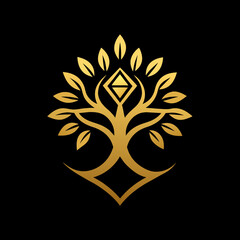 Create a high-resolution gold jewelers shop logo vector art illustration with a perfect stylish modern shape featuring a line design on a solid black background. 