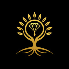 Create a high-resolution gold jewelers shop logo vector art illustration with a perfect stylish modern shape featuring a line design on a solid black background. 