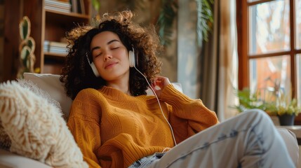 Obraz premium Young Woman Immersed in Music, Enjoying Her Time in a Cozy Living Room, Wearing Headphones
