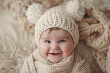 A cheerful baby wearing a cozy winter hat with pom-poms, smiling joyfully, wrapped in a soft, fluffy blanket.