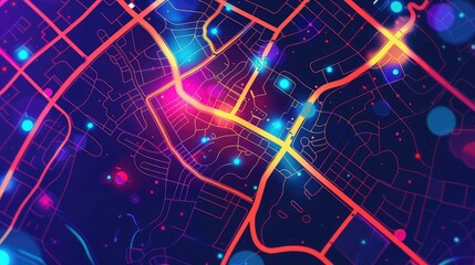 Obraz premium Vibrant Digital City Map with Glowing Lines and Dots, Illustrating Urban Streets and Connections