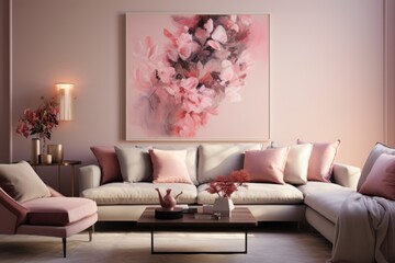 Elegant living room featuring a large floral art piece above a modern sofa.