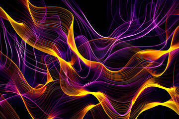 Abstract neon art with intricate patterns of yellow and purple lines. Detailed artwork on black background.