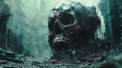 A skull is covered in blood and is surrounded by a dark, gloomy forest