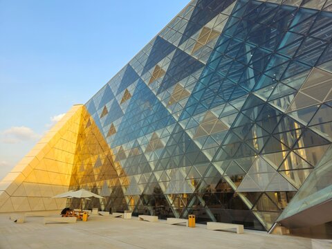 Giza, Egypt, April 13 2024: Walls of GEM The Grand Egyptian Museum, Giza Museum, Egypt's gift to the world, the largest archaeological museum in the world, near the Giza pyramid complex