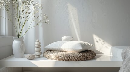 Explore The Tranquility Of A White Table Shelf Adorned With Bagua And Pebble Stones In A Scandinavian-Inspired Bedroom