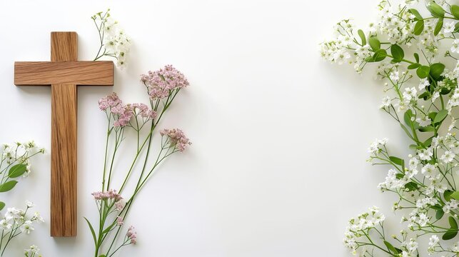 composition with christian wooden cross and flowers funeral invitation template against white background digital illustration