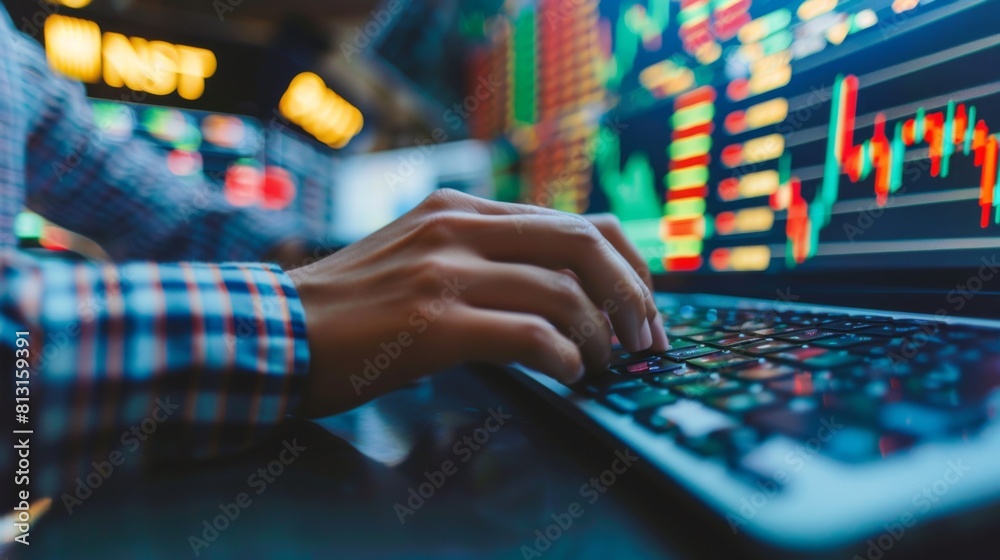 Poster A close-up shot of a stock market trader's hands typing on a keyboard, executing trades with speed and precision.