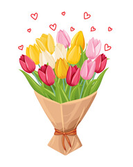 Bouquet of colorful tulips with hearts. Vector illustration