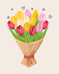 Bouquet of tulips with hearts in a paper bag. Vector illustration.
