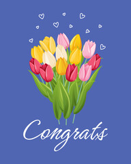 Cute greeting card with bouquet of colorful tulips. Birthday card with tulips. Vector illustration.