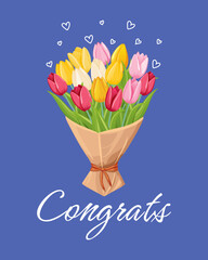 Congratulations card with colorful tulips and hearts on blue background. Card with tulips.