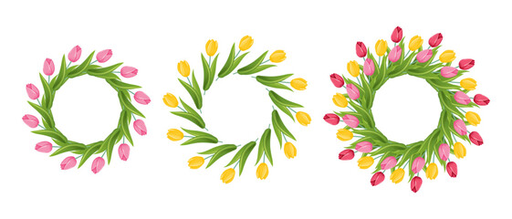 Set of floral wreaths with tulips. Spring flower wreath. Vector illustration.