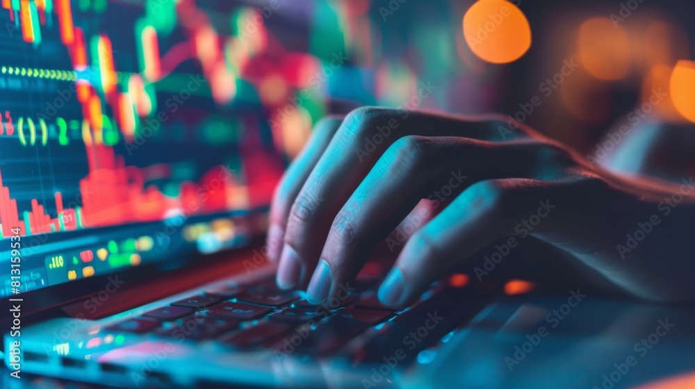 Poster a close-up shot of a stock market trader's hands typing on a keyboard, executing trades with speed a
