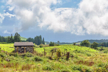 old barn in green valley landscape on Sao Miguel island, Portugal