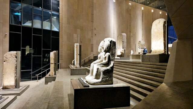 Giza, Egypt, April 13 2024: Monuments inside The Grand Egyptian Museum, New Giza Museum, Egypt's gift to the world, the largest archaeological museum in the world, near the Giza pyramid complex