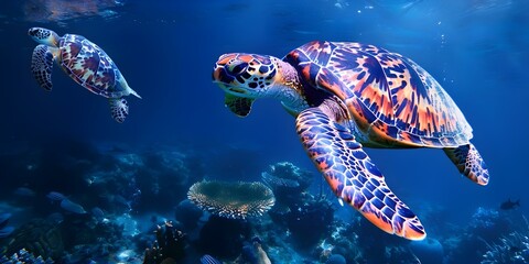 Two Sea Turtles Swimming Together in the Deep Blue Ocean. Concept Marine Life, Sea Turtles, Ocean Ecosystem, Underwater Behavior