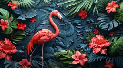 A pink flamingo is depicted on a tropical background in this paper art illustration