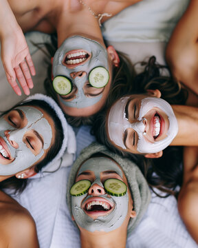 Friends wearing facial masks, lounging with cucumber slices on their eyes, and laughing during a homemade spa day