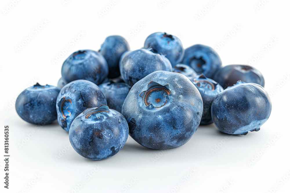 Sticker a cluster of plump blueberries isolated on a white surface, displaying their rich blue-purple hue an