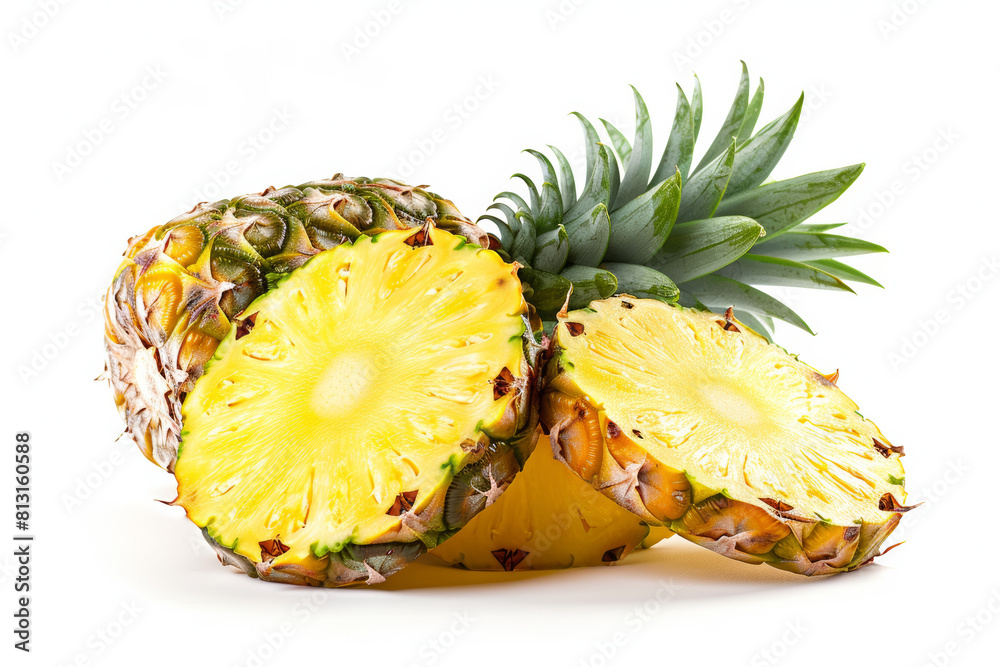 Sticker a ripe pineapple sliced and presented without any background distractions, showcasing its golden-yel