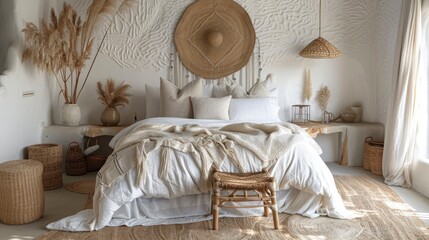 Feel The Serenity Of A Bedroom Interior Background With Coastal Boho Style, Where Elements Of Nature And Breezy Decor Create A Soothing Atmosphere