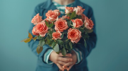 In a striped shirt, boy offers pink roses on blue. Copy space available for your sentiments