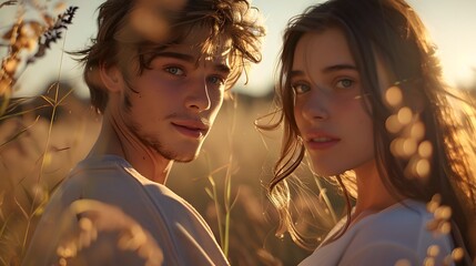 male model, Female model. both actors front facing, Hyper realistic, in a cosy romantic outside. main light source coming from in front of models