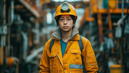 Serene miner with helmet in industrial site