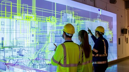 Professionals are looking at a large interactive whiteboard display showing a wireframe plan of a building. Working on the safety system of a building project. Evaluating the load-bearing structures.