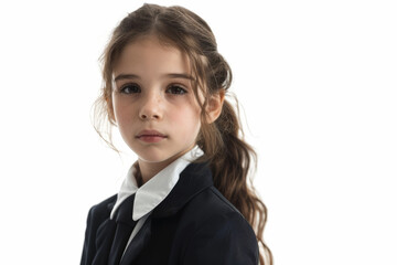 A contemplative girl in a school uniform, standing against a plain backdrop, removed from the background, with no background. Concept of learning and education. Generative Ai.