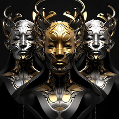 Futuristic tribal masks in gold and silver, featuring intricate designs and ceremonial aesthetics.