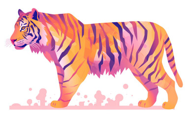 Brightly colored abstract tiger walking, vibrant illustration.