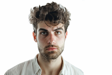 A man with a raised eyebrow and skeptical look, separated from the environment, trimmed from the background, with no background. Concept of skepticism and doubt. Generative Ai.