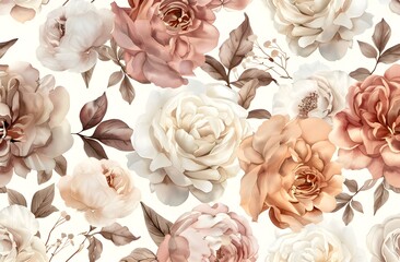 Seamless pattern of watercolor floral elements, with roses and peonies in shades of blush pink, cream beige, and burgundy reds, with soft green leaves, The elegant and vintage, wallpaper background.