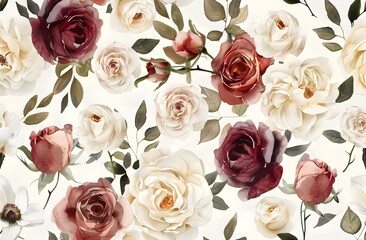 Seamless pattern of watercolor floral elements, with roses and peonies in shades of blush pink, cream beige, and burgundy reds, with soft green leaves, The elegant and vintage, wallpaper background.