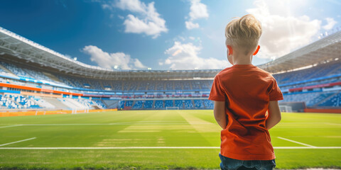 A boy in a red shirt stands in awe in front of a huge football stadium