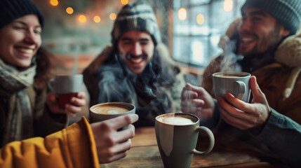 Friends meeting at a cozy cafe, laughing and chatting over steaming mugs of coffee as they catch up on each other's lives. Dynamic and dramatic composition, with copy space