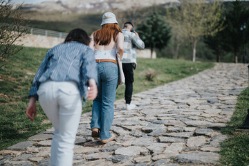 Group of young adults having fun while walking on a historic cobblestone road in the countryside, enjoying the outdoors together.