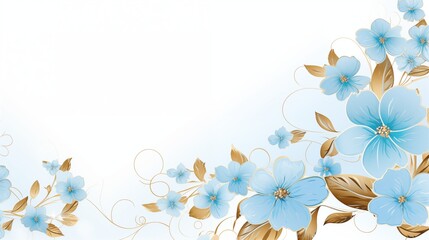 Elegant Blue Floral Illustration with Golden Accents on White Background
