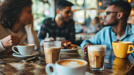 A group of entrepreneurs meeting at a trendy coffee shop, discussing business ventures over artisanal lattes and cold brews. Dynamic and dramatic composition, with copy space
