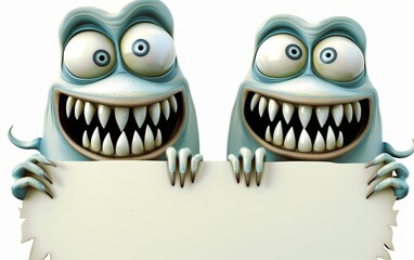 Obraz premium The two monsters hold a blank card in front of them. They have toothy smiles on their faces. Can be used for advertising, marketing, promotion or presentation.