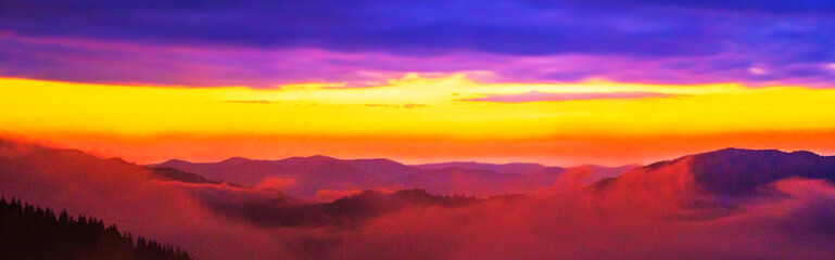 summer foggy scenery, scenic sunset view in the mountains, Carpathian mountains, Ukraine, Europe	