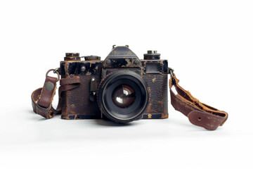 A vintage camera with a leather strap, standing alone against a white backdrop, removed from the background. Concept of photography and memories. Generative Ai.