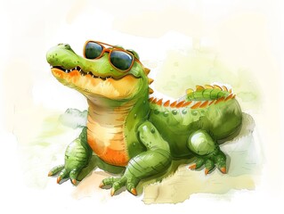 Fototapeta premium Portrait of a crocodile wearing sunglasses. The animal is drawn in the style of watercolor drawing. Illustration for cover, card, postcard, interior design, decor or print.