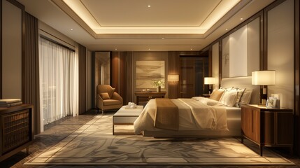 Naklejka na ściany i meble Indulge In The Luxury Of A 3D-Rendered Hotel Suite Room Bedroom, Showcasing Elegance And Sophistication