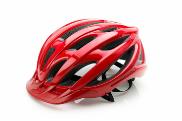A shiny red bicycle helmet isolated on a plain white backdrop, detached from the surroundings, with no background. Concept of safety and protection. Generative Ai.