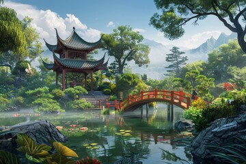 Fototapeta premium Tranquil Asian garden with traditional pavilion and arched bridge over a serene pond.